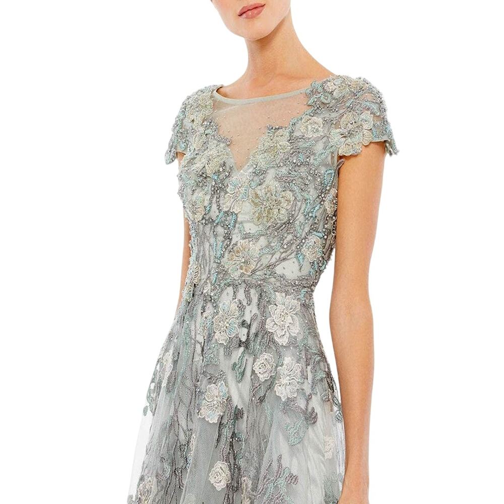 Mac Duggal NWT Seamist Green / Gray Floral Embroidered Maxi Gown 20294 - Picture 5 of 16